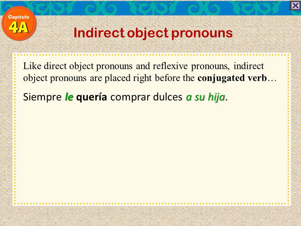 Indirect object pronouns Like direct object pronouns and reflexive pronouns, indirect object pronouns are placed right before the conjugated verb…