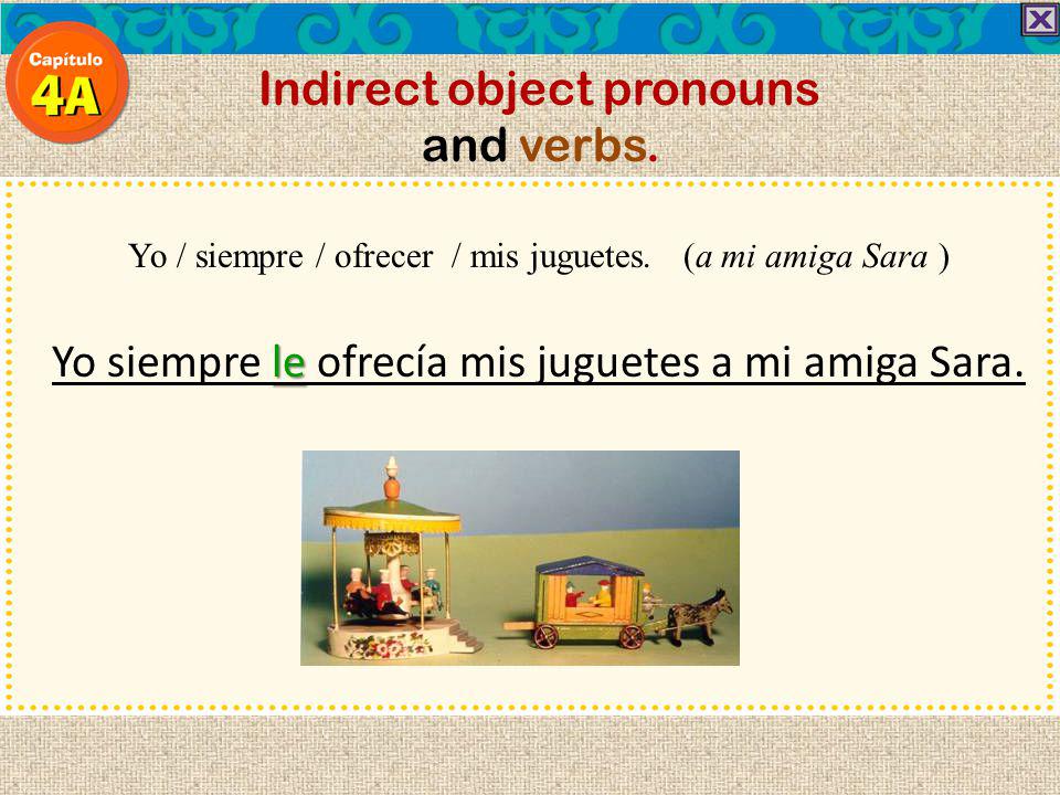 Indirect object pronouns and verbs. Yo / siempre / ofrecer / mis juguetes. (a mi amiga Sara )