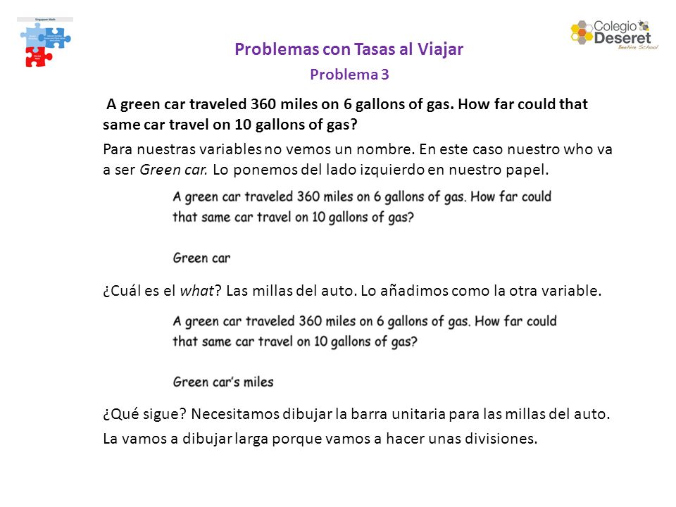 Problemas con Tasas al Viajar Problema 3 A green car traveled 360 miles on 6 gallons of gas.