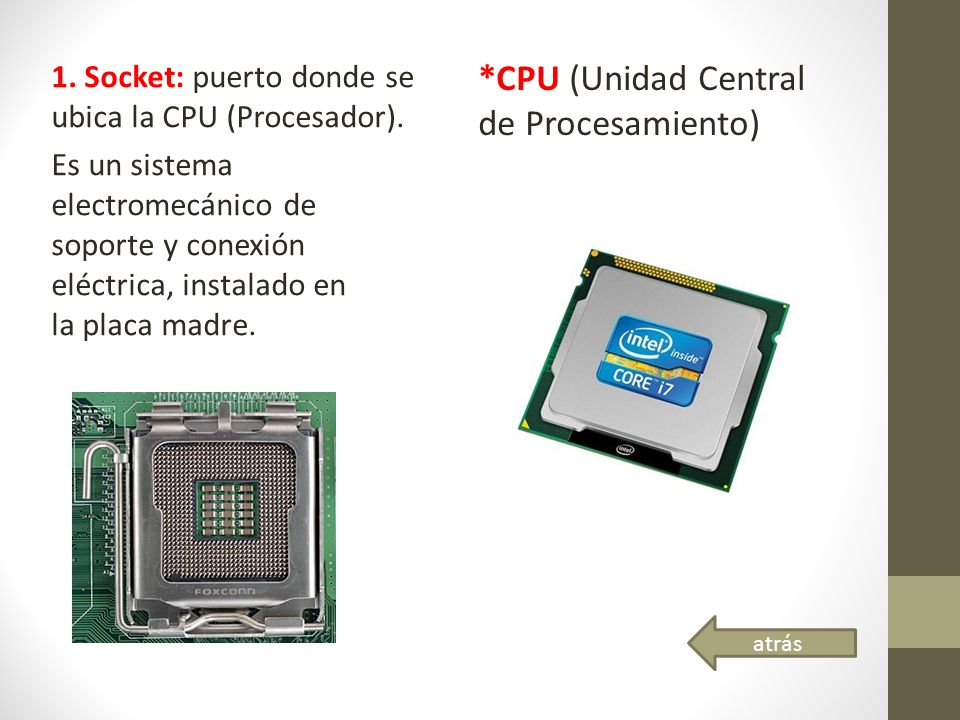 1. Socket: puerto donde se ubica la CPU (Procesador).