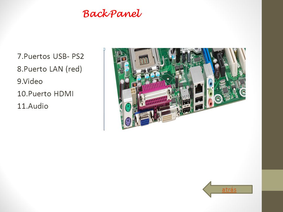Back Panel 7.Puertos USB- PS2 8.Puerto LAN (red) 9.Video 10.Puerto HDMI 11.Audio atrás