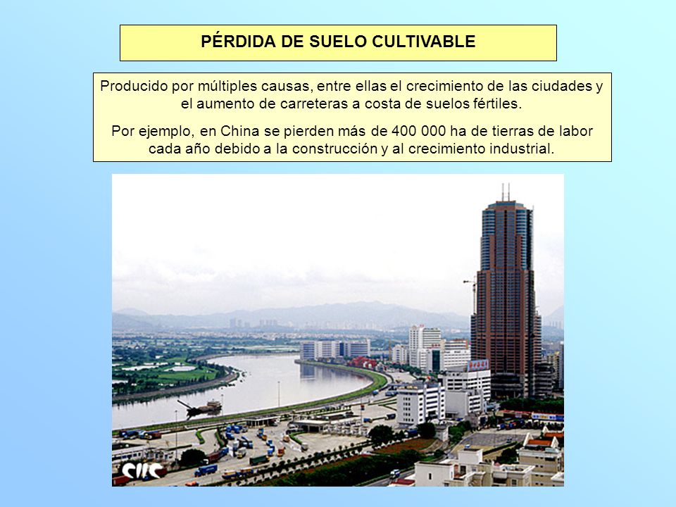 PÉRDIDA DE SUELO CULTIVABLE Producido por múltiples causas, entre ellas el crecimiento de las ciudades y el aumento de carreteras a costa de suelos fértiles.