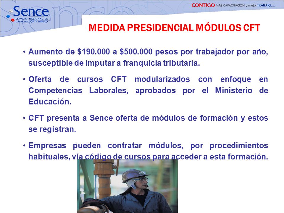 MEDIDA PRESIDENCIAL MÓDULOS CFT Aumento de $ a $ pesos por trabajador por año, susceptible de imputar a franquicia tributaria.
