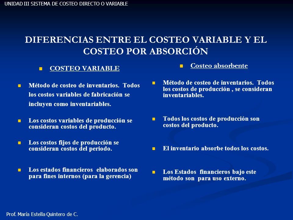 Unidad Iii Sistema De Costeo Directo O Variable Prof María Estella Quintero De C Ppt Descargar 4639