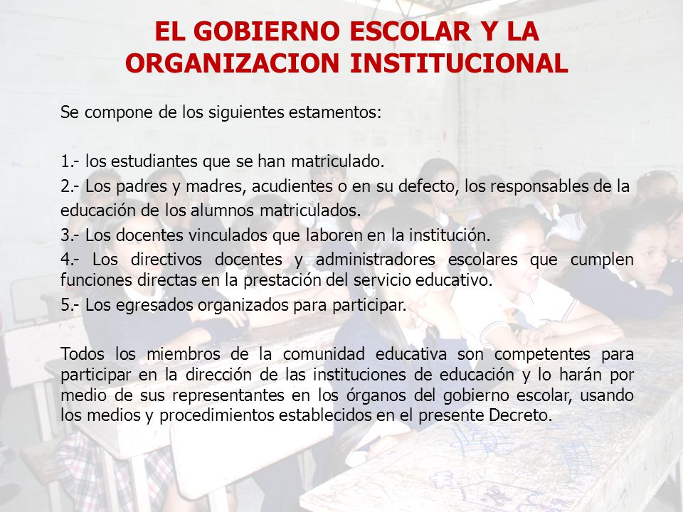 EL GOBIERNO ESCOLAR Y LA ORGANIZACION INSTITUCIONAL Se compone de los siguientes estamentos: 1.- los estudiantes que se han matriculado.