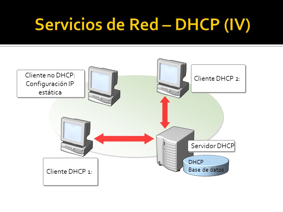 Servidor DHCP DHCP Base de datos Cliente DHCP 2: Cliente no DHCP: Configuración IP estática Cliente DHCP 1: