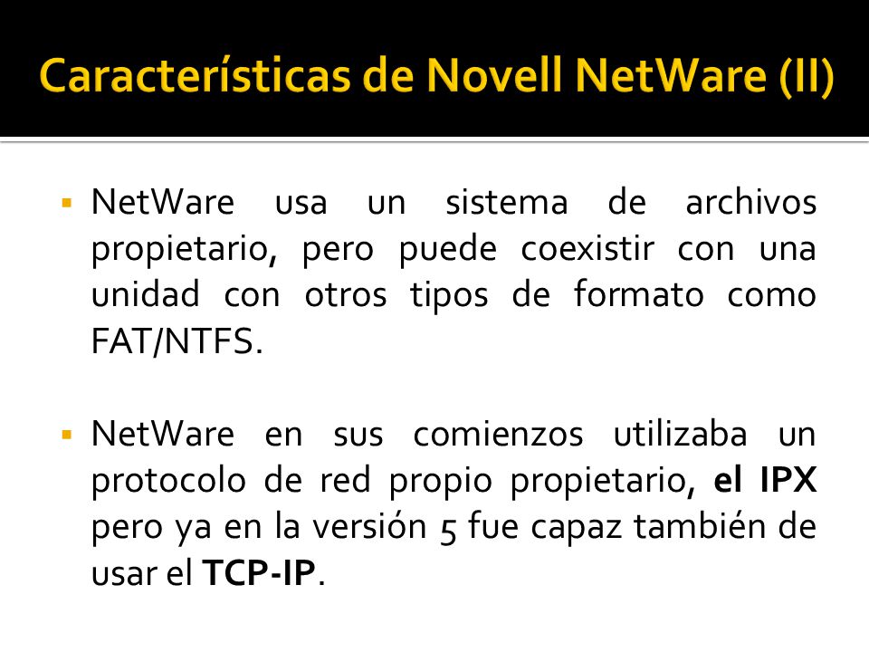  NetWare usa un sistema de archivos propietario, pero puede coexistir con una unidad con otros tipos de formato como FAT/NTFS.