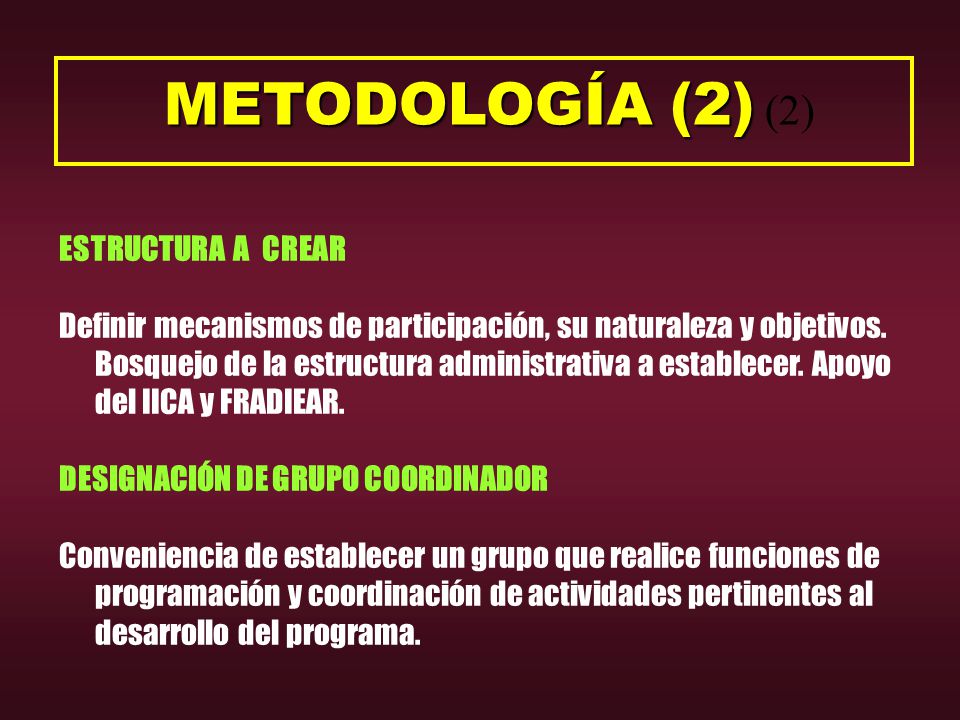METODOLOGÍA (2) METODOLOGÍA (2) (2) ESTRUCTURA A CREAR Definir mecanismos de participación, su naturaleza y objetivos.