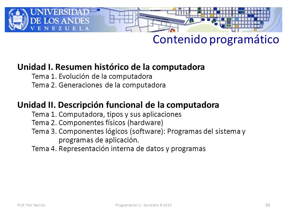 Contenido programático Unidad I. Resumen histórico de la computadora Tema 1.
