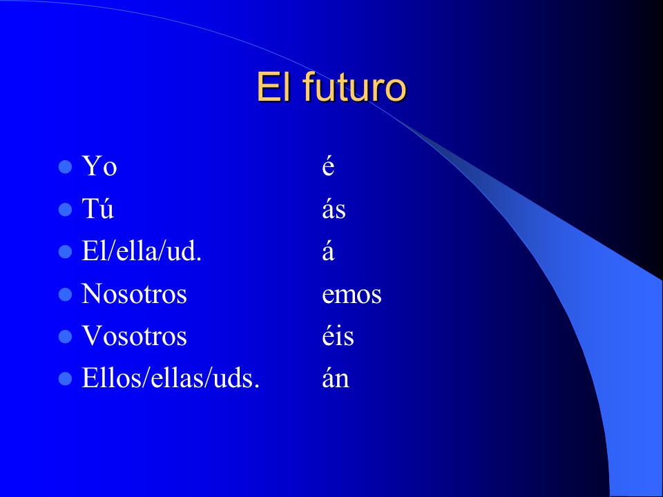 El futuro Yoé Túás El/ella/ud.á Nosotrosemos Vosotroséis Ellos/ellas/uds.án