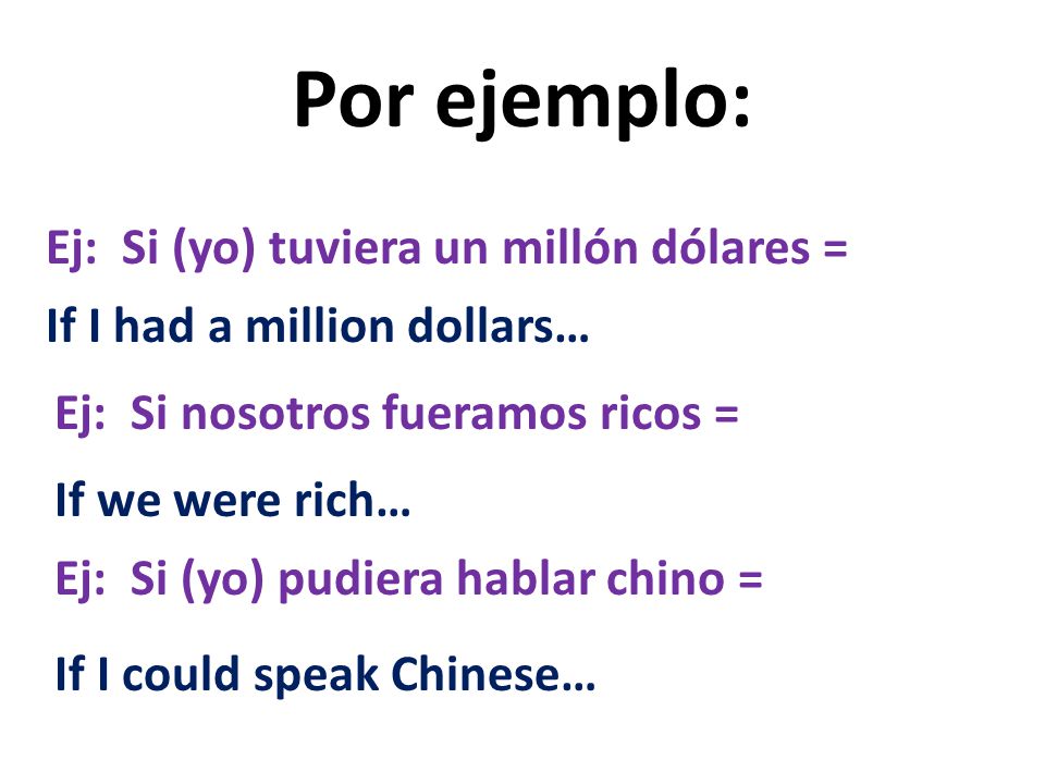 In Spanish, we make hypothetical statements… IF … using: Si (if) + imperfect subjunctive *You only have to know these four if clauses as vocabulary: 1.Si pudiera= 2.Si fuera= 3.Si tuviera= 4.*Si estuviera= (Please add!) If I, you, he etc.