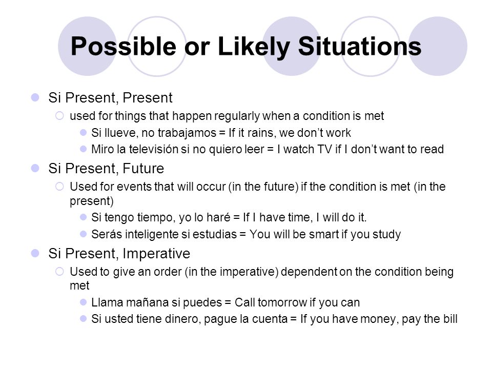 Possible or Likely Situations Si Present, Present  used for things that happen regularly when a condition is met Si llueve, no trabajamos = If it rains, we don’t work Miro la televisión si no quiero leer = I watch TV if I don’t want to read Si Present, Future  Used for events that will occur (in the future) if the condition is met (in the present) Si tengo tiempo, yo lo haré = If I have time, I will do it.