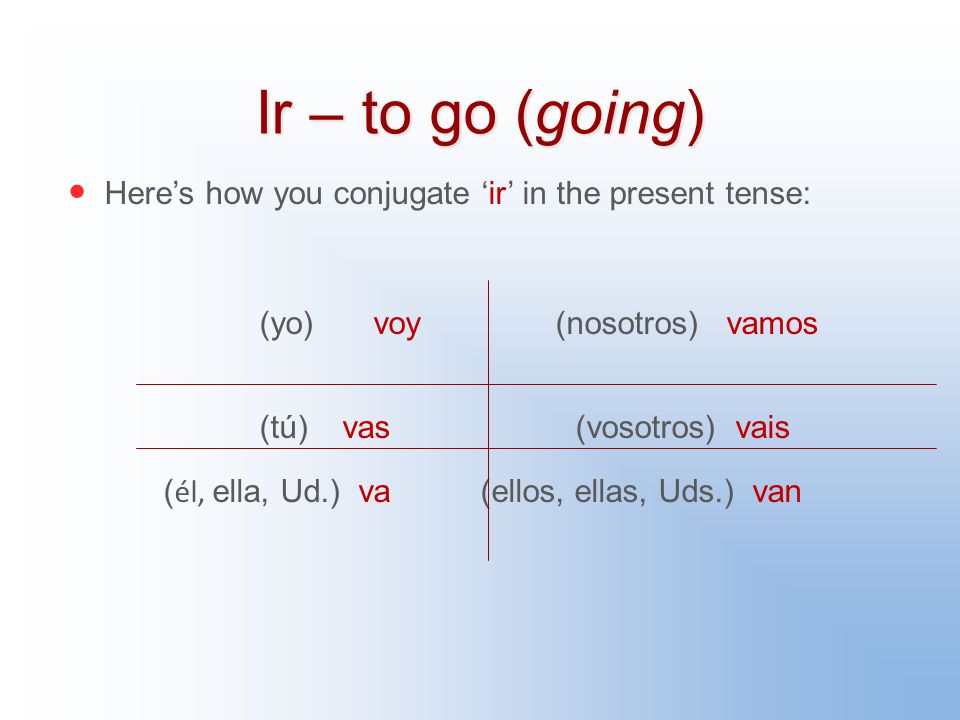 Ir – to go (going) Here’s how you conjugate ‘ir’ in the present tense: (yo) voy (nosotros) vamos (tú) vas (vosotros) vais ( él, ella, Ud.) va (ellos, ellas, Uds.) van