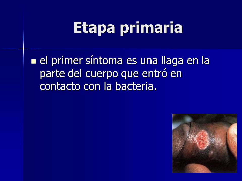 Etapa primaria el primer síntoma es una llaga en la parte del cuerpo que entró en contacto con la bacteria.