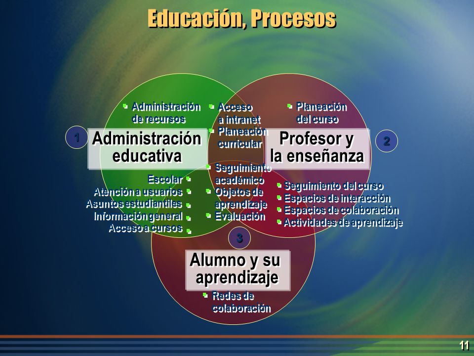 10 Administración educativa Administración educativa Profesor y enseñanza Profesor y enseñanza Alumno y su aprendizaje Educación