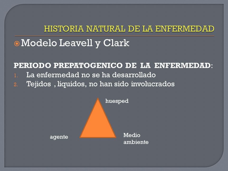  Modelo Leavell y Clark PERIODO PREPATOGENICO DE LA ENFERMEDAD: 1.
