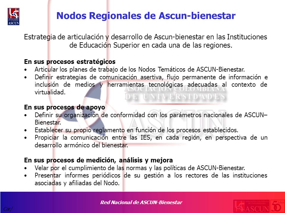 Red Nacional de ASCUN-Bienestar Car/ Nodos Regionales de Ascun-bienestar Estrategia de articulación y desarrollo de Ascun-bienestar en las Instituciones de Educación Superior en cada una de las regiones.