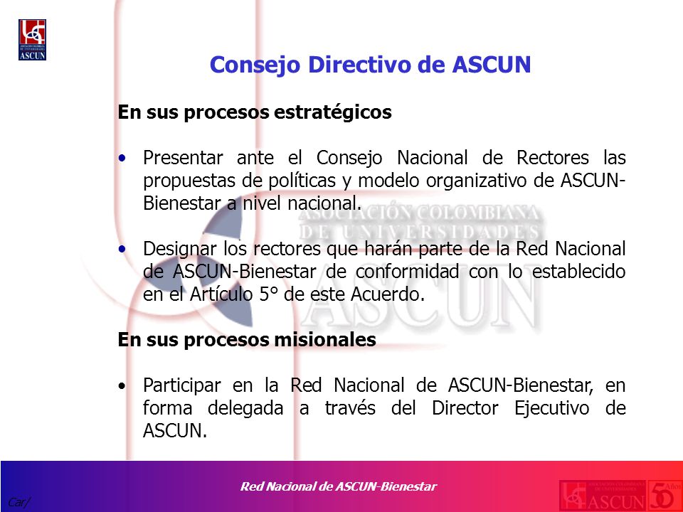 Red Nacional de ASCUN-Bienestar Car/ Consejo Directivo de ASCUN En sus procesos estratégicos Presentar ante el Consejo Nacional de Rectores las propuestas de políticas y modelo organizativo de ASCUN- Bienestar a nivel nacional.