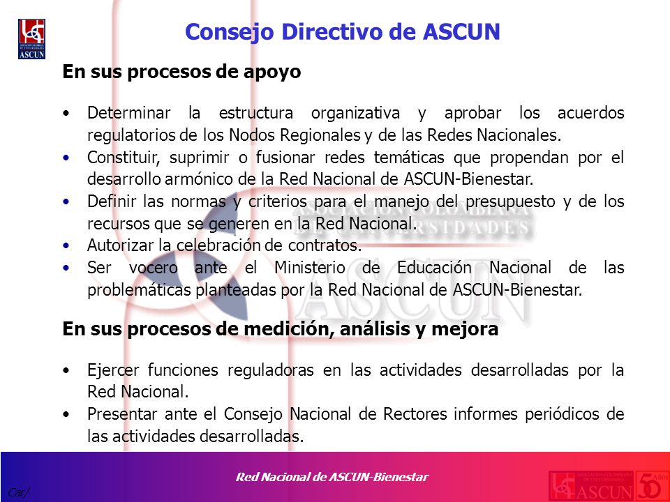 Red Nacional de ASCUN-Bienestar Car/ Consejo Directivo de ASCUN En sus procesos de apoyo Determinar la estructura organizativa y aprobar los acuerdos regulatorios de los Nodos Regionales y de las Redes Nacionales.