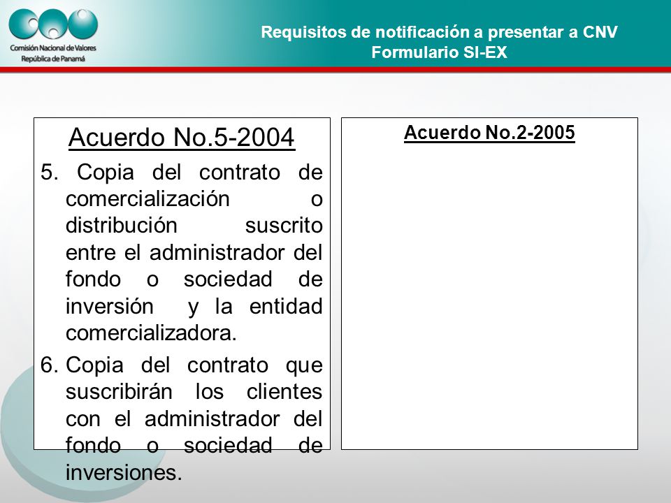 Requisitos de notificación a presentar a CNV Formulario SI-EX Acuerdo No