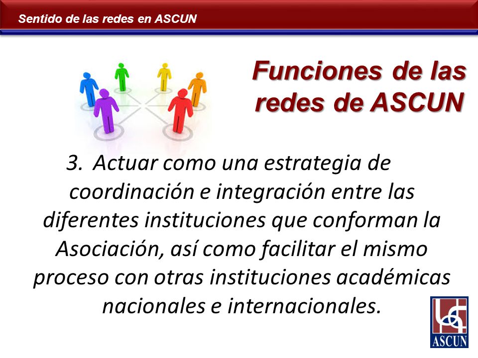 Sentido de las redes en ASCUN Funciones de las redes de ASCUN 3.Actuar como una estrategia de coordinación e integración entre las diferentes instituciones que conforman la Asociación, así como facilitar el mismo proceso con otras instituciones académicas nacionales e internacionales.