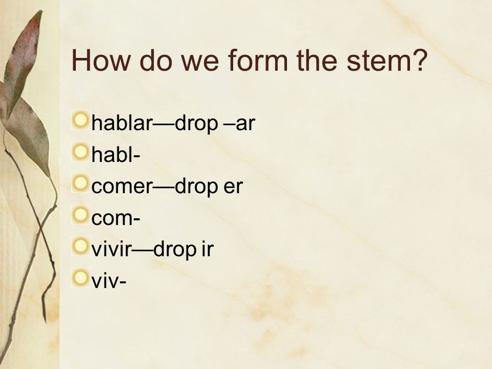 How do we form the stem hablar—drop –ar habl- comer—drop er com- vivir—drop ir viv-