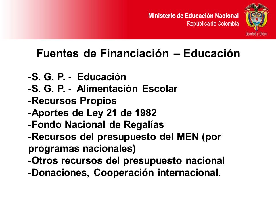 Ministerio de Educación Nacional República de Colombia Fuentes de Financiación – Educación -S.