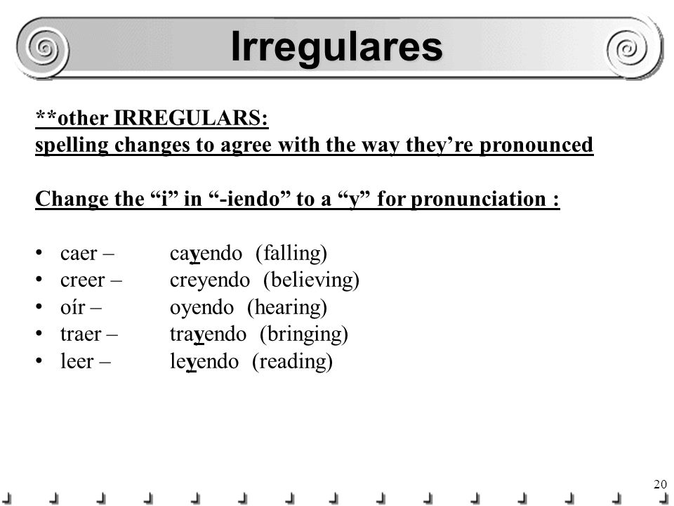 19 Irregulares for –ir verbs that are stem-changing in the present tense change e->i and o->u in the stem then add –iendo to the stem of the verb: servir: sirviendo pedir: pidiendo decir: diciendo seguir: siguiendo (following) (**this is in the wrong category on your notes) dormir: durmiendo morir: muriendo **poder: pudiendo (only –er verb with a stem change)