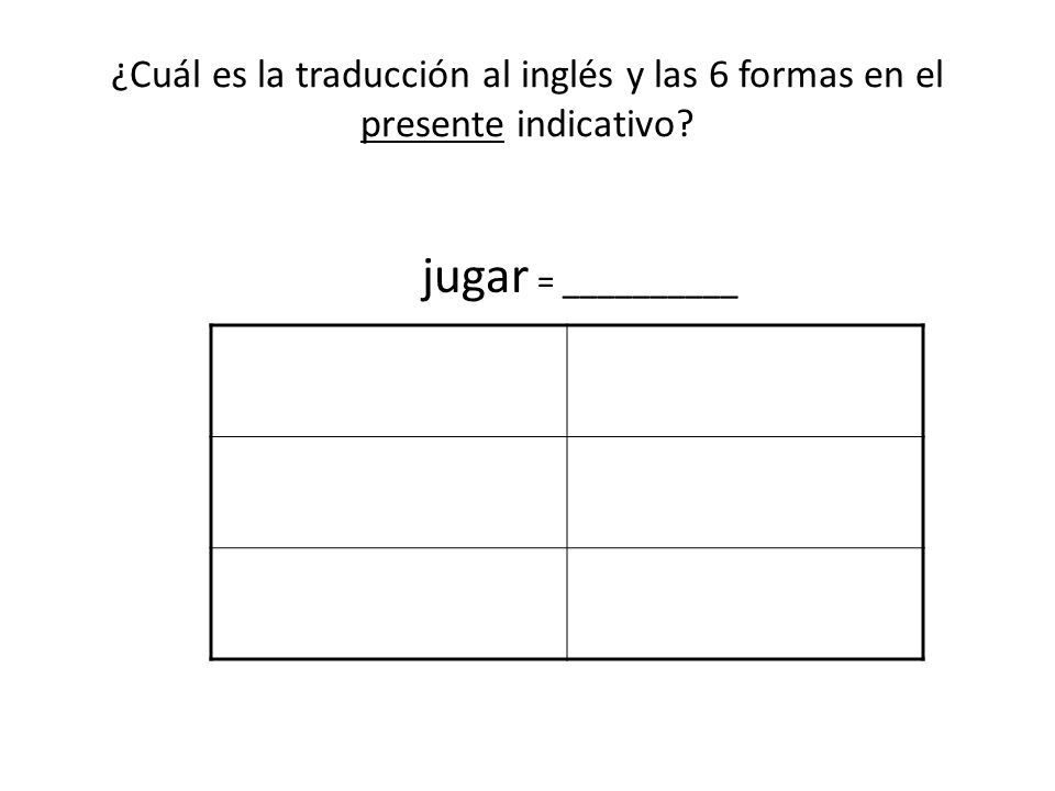 ¿Cuál es la traducción al inglés y las 6 formas en el presente indicativo jugar = __________