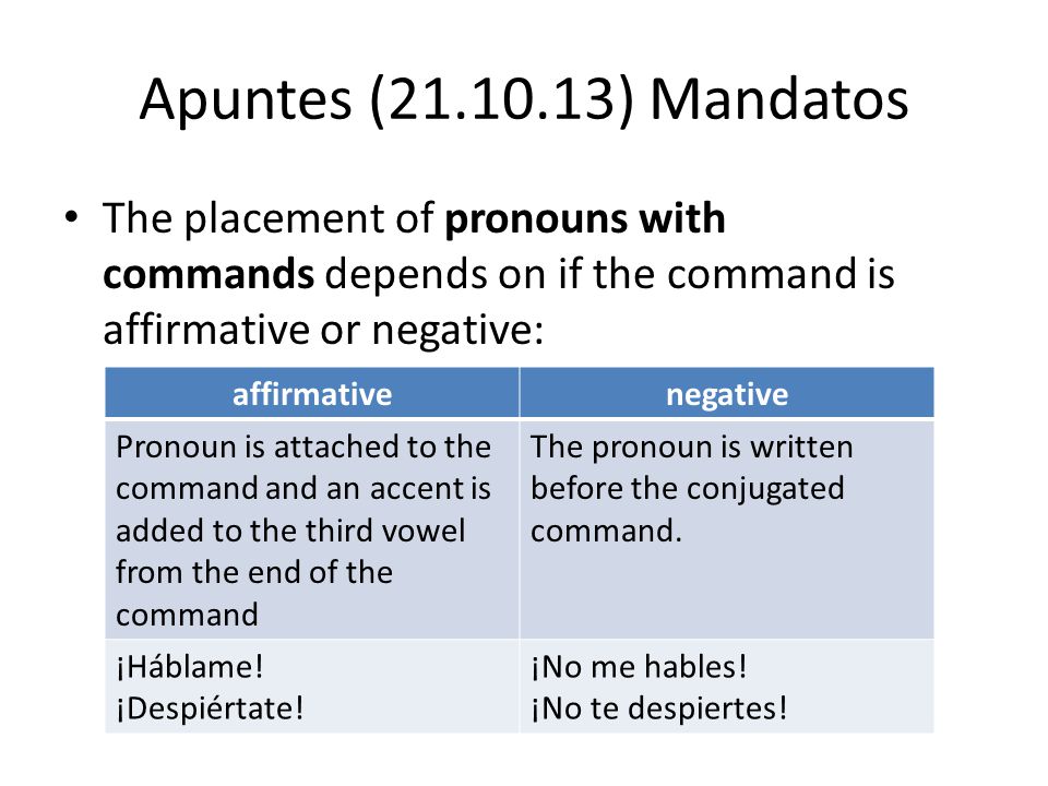 Apuntes ( ) Mandatos The placement of pronouns with commands depends on if the command is affirmative or negative: affirmativenegative Pronoun is attached to the command and an accent is added to the third vowel from the end of the command The pronoun is written before the conjugated command.