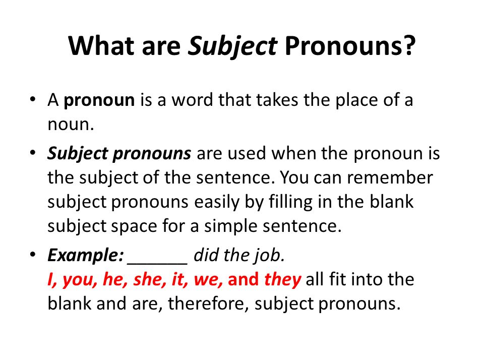 What are Subject Pronouns. A pronoun is a word that takes the place of a noun.
