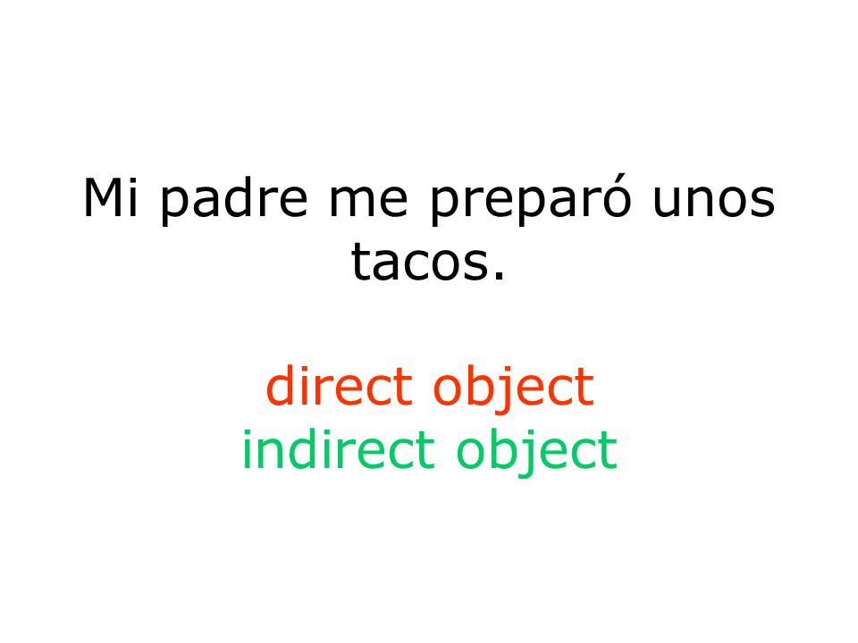 Mi padre me preparó unos tacos. direct object indirect object