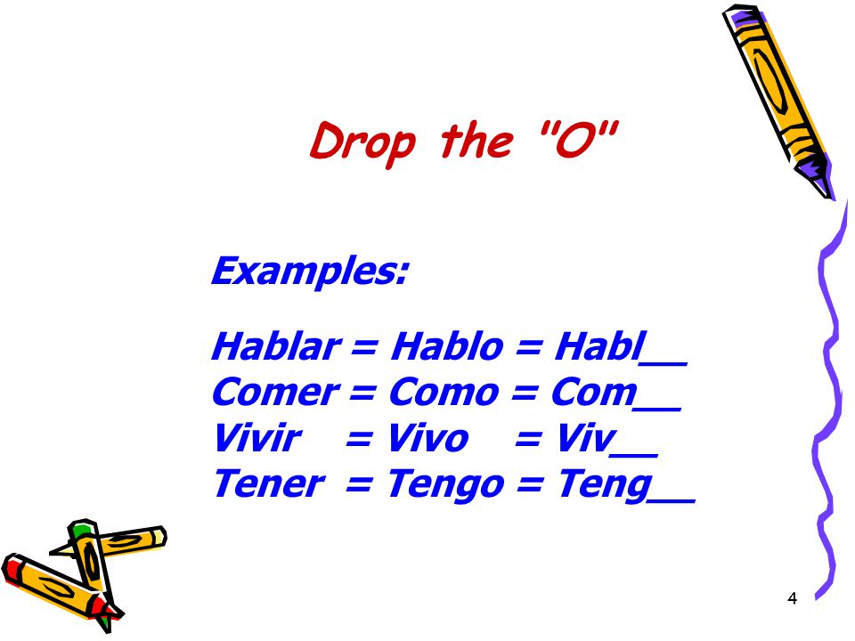 3 To make a formal command : Start with the yo form of the present tense verb.