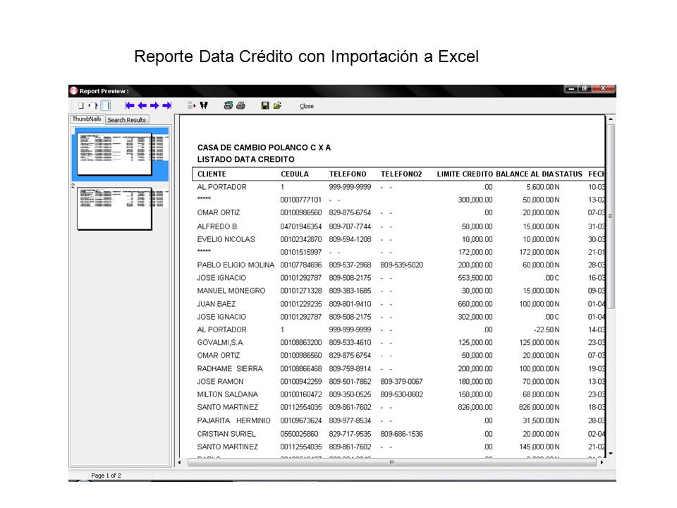 Reporte Data Crédito con Importación a Excel
