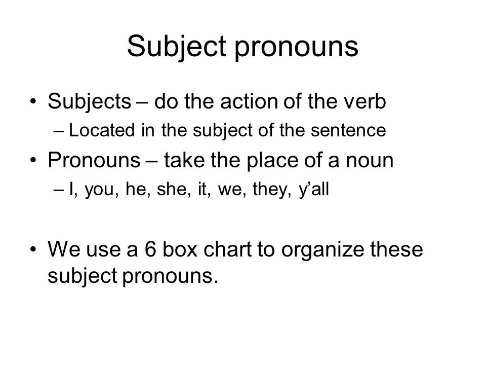 Subject pronouns Subjects – do the action of the verb –Located in the subject of the sentence Pronouns – take the place of a noun –I, you, he, she, it, we, they, y’all We use a 6 box chart to organize these subject pronouns.