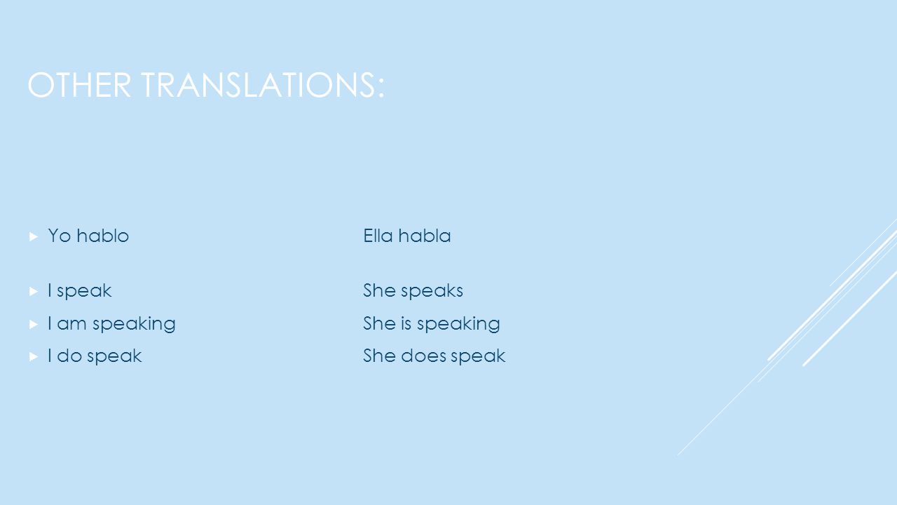 OTHER TRANSLATIONS:  Yo hablo Ella habla  I speakShe speaks  I am speakingShe is speaking  I do speakShe does speak