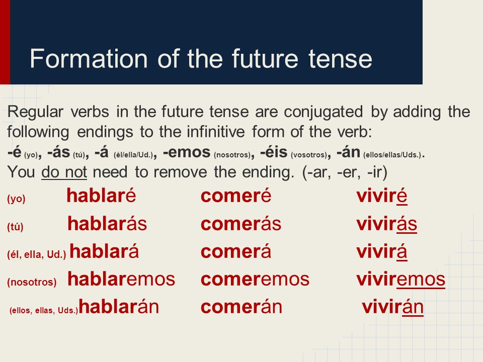 Formation of the future tense Regular verbs in the future tense are conjugated by adding the following endings to the infinitive form of the verb: -é (yo), -ás (tú), -á (él/ella/Ud.), -emos (nosotros), -éis (vosotros), -án (ellos/ellas/Uds.).
