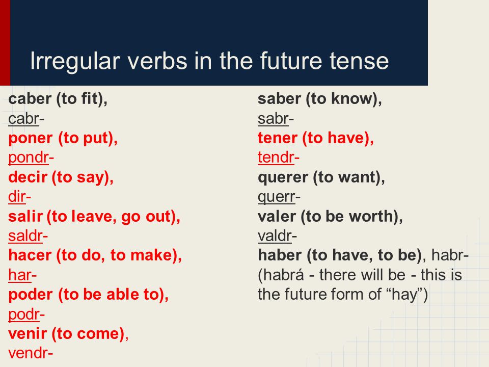 Irregular verbs in the future tense caber (to fit), cabr- poner (to put), pondr- decir (to say), dir- salir (to leave, go out), saldr- hacer (to do, to make), har- poder (to be able to), podr- venir (to come), vendr- saber (to know), sabr- tener (to have), tendr- querer (to want), querr- valer (to be worth), valdr- haber (to have, to be), habr- (habrá - there will be - this is the future form of hay )