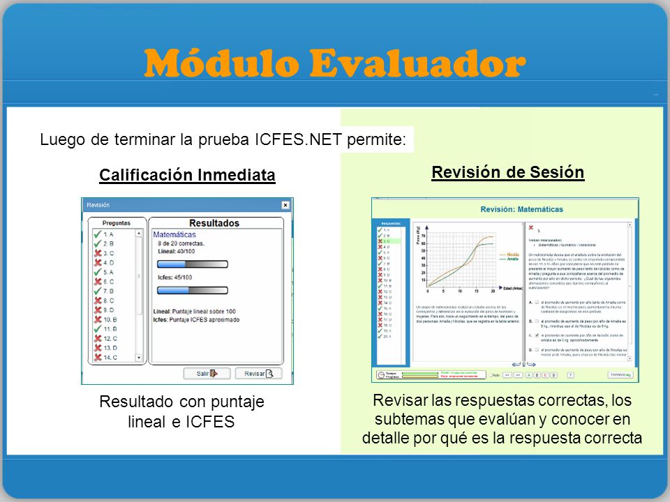 Módulo Evaluador Luego de terminar la prueba ICFES.NET permite: Calificación Inmediata Revisión de Sesión Resultado con puntaje lineal e ICFES Revisar las respuestas correctas, los subtemas que evalúan y conocer en detalle por qué es la respuesta correcta