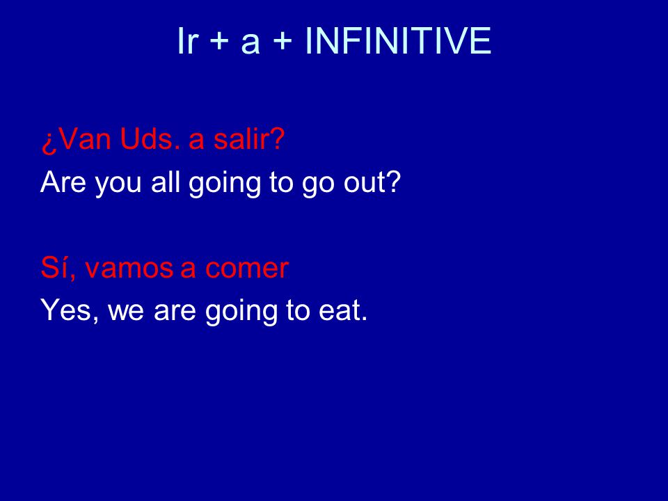 Ir + a + INFINITIVE ¿Van Uds. a salir. Are you all going to go out.