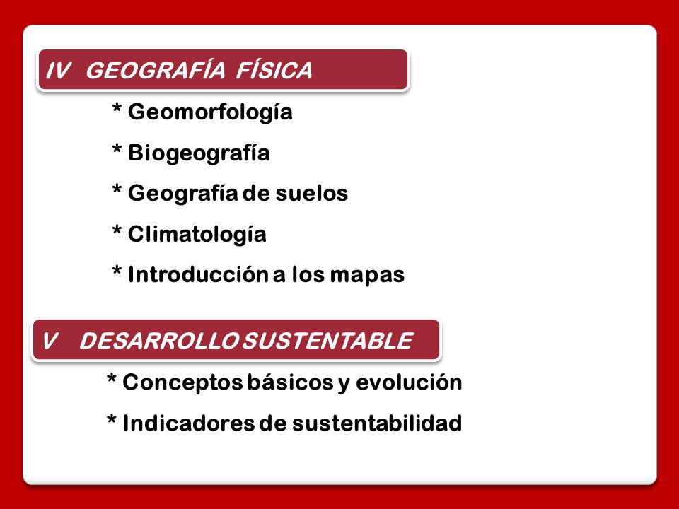 IV GEOGRAFÍA FÍSICA * Geomorfología * Biogeografía * Geografía de suelos * Climatología * Introducción a los mapas V DESARROLLO SUSTENTABLE * Conceptos básicos y evolución * Indicadores de sustentabilidad