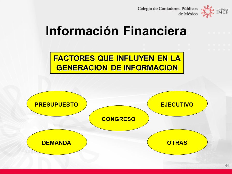 11 Información Financiera FACTORES QUE INFLUYEN EN LA GENERACION DE INFORMACION PRESUPUESTO CONGRESO EJECUTIVO DEMANDA OTRAS