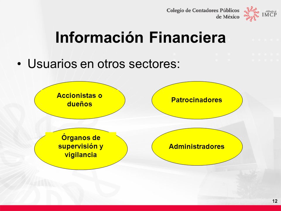 12 Información Financiera Usuarios en otros sectores: Accionistas o dueños Patrocinadores Órganos de supervisión y vigilancia Administradores