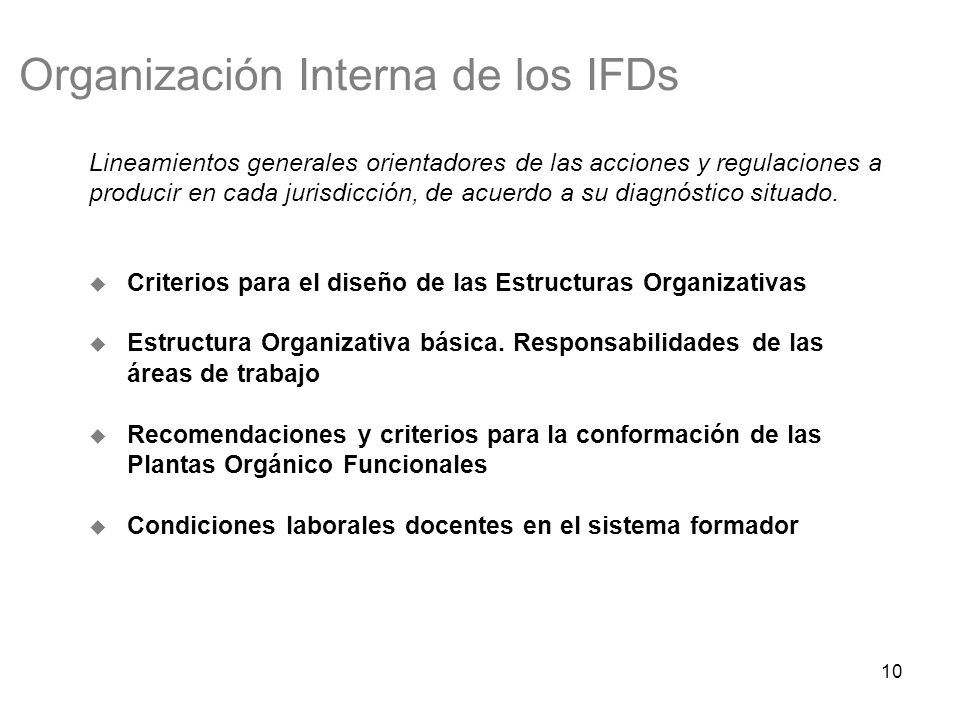 10 Organización Interna de los IFDs  Criterios para el diseño de las Estructuras Organizativas  Estructura Organizativa básica.