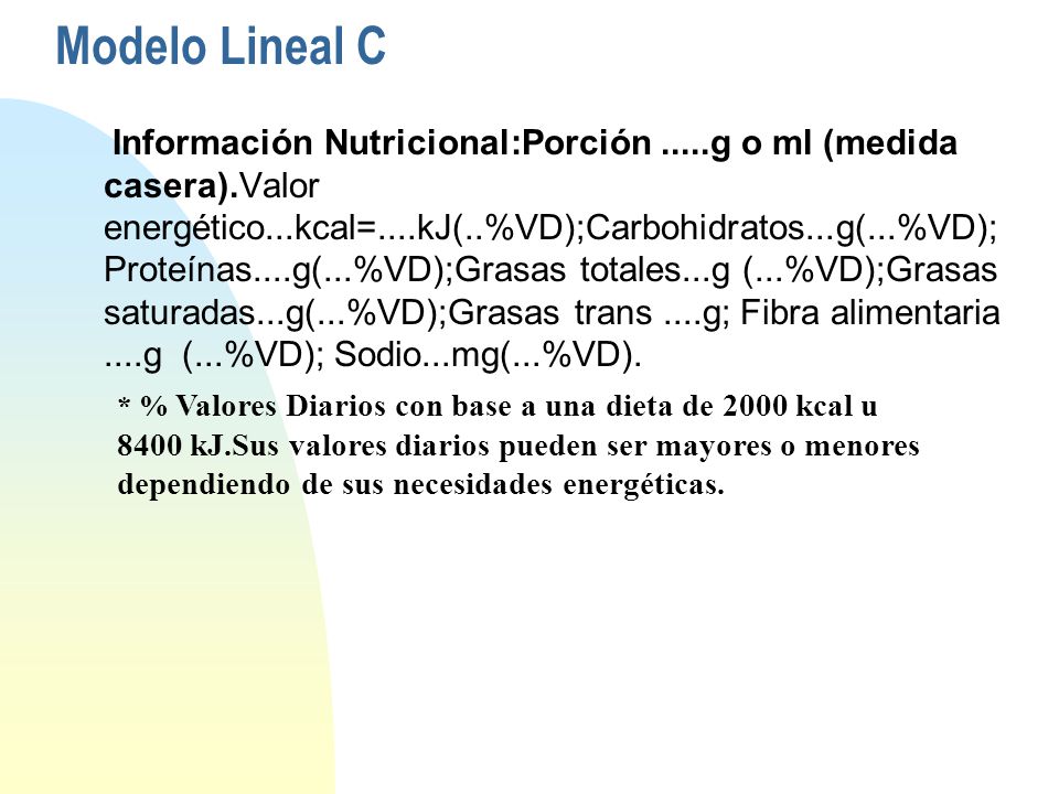 Modelo Lineal C Información Nutricional:Porción.....g o ml (medida casera).Valor energético...kcal=....kJ(..%VD);Carbohidratos...g(...%VD); Proteínas....g(...%VD);Grasas totales...g (...%VD);Grasas saturadas...g(...%VD);Grasas trans....g; Fibra alimentaria....g (...%VD); Sodio...mg(...%VD).