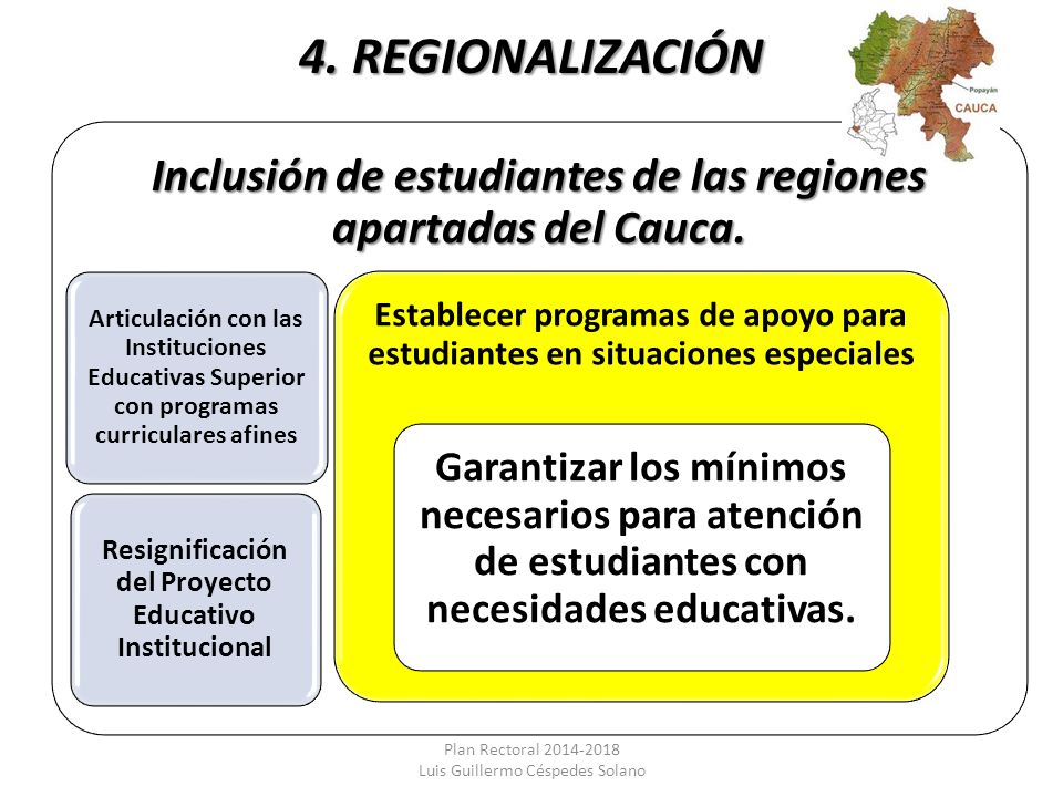 4. REGIONALIZACIÓN Inclusión de estudiantes de las regiones apartadas del Cauca.