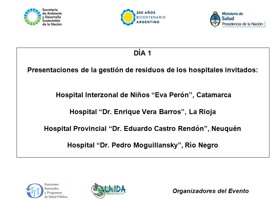 DÍA 1 Presentaciones de la gestión de residuos de los hospitales invitados: Hospital Interzonal de Niños Eva Perón , Catamarca Hospital Dr.