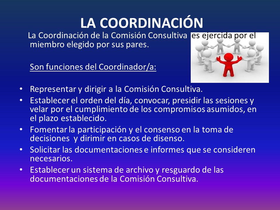 LA COORDINACIÓN La Coordinación de la Comisión Consultiva es ejercida por el miembro elegido por sus pares.