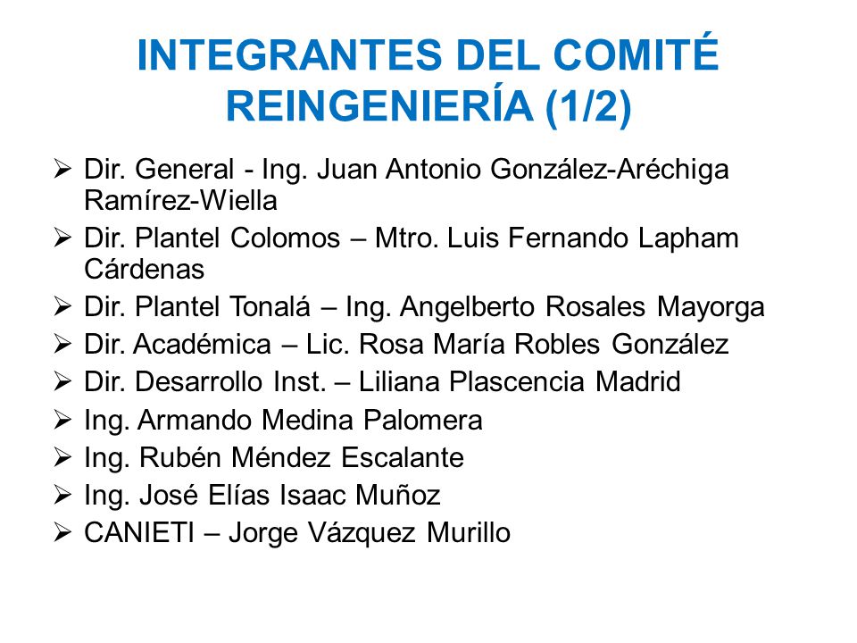 INTEGRANTES DEL COMITÉ REINGENIERÍA (1/2)  Dir. General - Ing.
