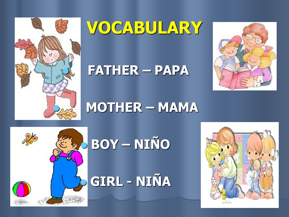 VOCABULARY FATHER – PAPA FATHER – PAPA MOTHER – MAMA MOTHER – MAMA BOY – NIÑO BOY – NIÑO GIRL - NIÑA GIRL - NIÑA
